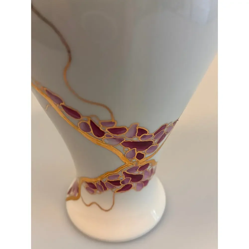 Vintage JIESIA Fine Bone China Lithuania Artist Signed Hand Painted Gold Vase